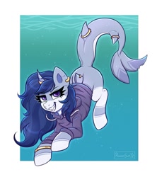 Size: 1067x1202 | Tagged: safe, artist:confetticakez, oc, oc only, oc:sparkling whitefin, original species, pony, shark, shark pony, clothes, grin, hoodie, looking at you, sharp teeth, smiling, solo, swimming, teeth, underwater