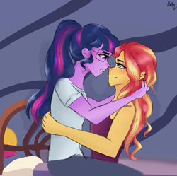 Size: 1080x1074 | Tagged: safe, artist:rapunzelights, sci-twi, sunset shimmer, twilight sparkle, equestria girls, g4, blushing, clothes, duo, duo female, female, hug, lesbian, looking at each other, ship:sci-twishimmer, ship:sunsetsparkle, shipping, signature, smiling