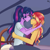 Size: 1080x1074 | Tagged: safe, artist:rapunzelights, sci-twi, sunset shimmer, twilight sparkle, equestria girls, g4, blushing, clothes, duo, duo female, female, hug, lesbian, looking at each other, ship:sci-twishimmer, ship:sunsetsparkle, shipping, signature, smiling