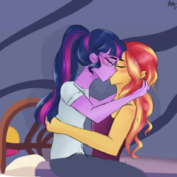 Size: 1080x1074 | Tagged: safe, artist:rapunzelights, sci-twi, sunset shimmer, twilight sparkle, equestria girls, g4, blushing, clothes, duo, duo female, eyes closed, female, glasses, hug, kissing, lesbian, ship:sci-twishimmer, ship:sunsetsparkle, shipping, signature