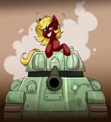 Size: 1351x1482 | Tagged: safe, artist:confetticakez, oc, oc only, oc:cherry star (critical), earth pony, pony, grin, looking at you, smiling, solo, t-34, tank (vehicle)