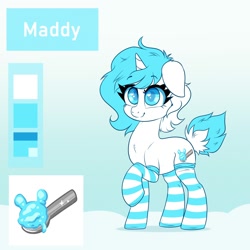 Size: 2000x2000 | Tagged: safe, artist:confetticakez, oc, oc only, oc:maddy, pony, unicorn, clothes, high res, reference sheet, smiling, socks, solo, striped socks