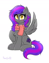Size: 1408x1803 | Tagged: safe, artist:confetticakez, oc, oc only, pegasus, pony, blushing, chest fluff, clothes, looking at you, scarf, smiling, solo, spread wings, wings