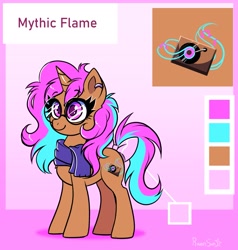 Size: 1631x1714 | Tagged: safe, artist:confetticakez, oc, oc only, oc:mythic flame, pony, unicorn, bow, clothes, glasses, reference sheet, scarf, smiling, solo, tail bow