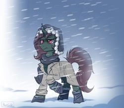 Size: 1727x1497 | Tagged: safe, artist:confetticakez, oc, oc only, oc:aero glade, pony, unicorn, boots, clothes, coat, curved horn, horn, scarf, shoes, snow, snowfall, solo, unamused