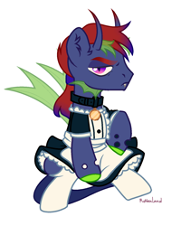 Size: 1200x1498 | Tagged: safe, artist:al-lat, oc, oc only, oc:abstract memory, changeling, hybrid, apron, changeling hybrid, changeling oc, clothes, collar, commission, crossdressing, dress, maid, male, pet tag, raised hoof, simple background, skirt, socks, solo, stockings, thigh highs, unamused, white background, ych result