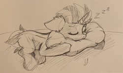 Size: 3024x1806 | Tagged: safe, artist:midnight story, derpibooru exclusive, oc, oc only, oc:jaded bullet, pony, unicorn, ear fluff, eyes closed, female, fluffy, gift art, horn, lying down, mare, monochrome, onomatopoeia, pillow, sketch, sleeping, sound effects, traditional art, zzz