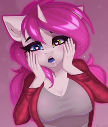 Size: 1700x2000 | Tagged: safe, artist:villjulie, oc, oc only, oc:bubblegum kiss, unicorn, anthro, clothes, drool, heart eyes, heterochromia, open mouth, shirt, solo, wingding eyes