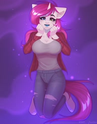 Size: 1600x2050 | Tagged: safe, artist:villjulie, oc, oc only, oc:bubblegum kiss, unicorn, anthro, unguligrade anthro, breasts, cleavage, clothes, female, heterochromia, horn, looking at you, pants, shirt, smiling, solo, torn clothes