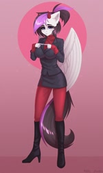 Size: 1500x2500 | Tagged: safe, artist:villjulie, oc, oc only, pegasus, anthro, plantigrade anthro, asmodeus, blushing, boots, clothes, helltaker, high heels, horns, jacket, modeus, pants, shoes, skirt, solo, spread wings, sweater, turtleneck, wings