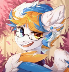 Size: 1946x2048 | Tagged: safe, artist:minekoo2, pony, clothes, ear piercing, earring, glasses, heterochromia, jewelry, looking at you, piercing, scarf, smiling, solo