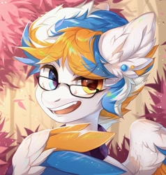 Size: 2052x2160 | Tagged: safe, artist:minekoo2, pony, clothes, ear piercing, earring, glasses, heterochromia, jewelry, looking at you, piercing, scarf, smiling, solo