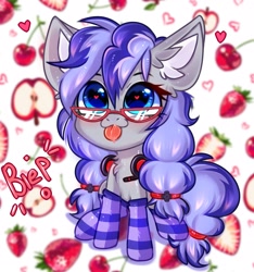 Size: 2019x2160 | Tagged: safe, artist:pesty_skillengton, oc, oc only, oc:cinnabyte, earth pony, pony, :p, blushing, chibi, clothes, glasses, headphones, heart, heart eyes, high res, socks, solo, striped socks, tongue out, wingding eyes