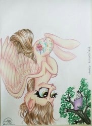 Size: 745x1024 | Tagged: safe, artist:maryhoovesfield, oc, oc only, pegasus, pony, book, ear fluff, eyelashes, grin, pegasus oc, reading, signature, smiling, solo, traditional art, upside down, wings