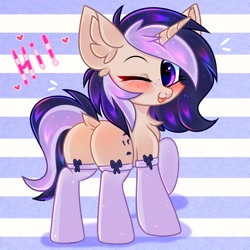 Size: 3000x3000 | Tagged: safe, artist:pesty_skillengton, oc, oc only, oc:cleffy, pony, unicorn, blushing, butt, chest fluff, chibi, clothes, dock, heart, heart eyes, high res, looking back, one eye closed, plot, smiling, solo, stockings, thigh highs, wingding eyes, wink