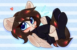 Size: 2560x1659 | Tagged: safe, artist:pesty_skillengton, oc, oc only, pegasus, pony, blushing, chibi, clothes, heart, heart eyes, looking at you, raspberry, skirt, smiling, spread wings, stockings, sweater, thigh highs, tongue out, turtleneck, wingding eyes, wings