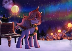 Size: 4096x2926 | Tagged: safe, artist:pesty_skillengton, deer, aurora borealis, bench, clothes, happy, moon, night, scarf, smiling, snow, snowfall, solo, streetlight, tree, winter