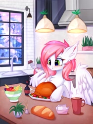 Size: 3000x4000 | Tagged: safe, artist:pesty_skillengton, oc, oc only, oc:sugar morning, bird, pegasus, pony, turkey, blushing, bread, chest fluff, cooked, eating, food, fork, hooves on the table, kitchen, meat, ponies eating meat, smiling, snow, solo, tree, window, wing hands, wing hold, wings