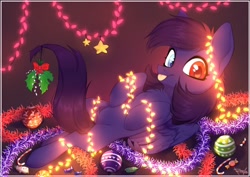 Size: 1024x724 | Tagged: safe, artist:pesty_skillengton, oc, oc only, oc:pestyskillengton, pegasus, pony, bow, chest fluff, christmas, christmas lights, female, heterochromia, holiday, holly, looking at you, raspberry, smiling, solo, tinsel, tongue out