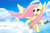 Size: 3000x2000 | Tagged: safe, artist:bunchedupletters, artist:hrukii, fluttershy, pegasus, pony, g4, cloud, cute, female, flying, high res, looking away, looking up, mare, ocean, open mouth, raised hoof, shyabetes, sky, smiling, solo, spread wings, trace, turned head, two toned wings, wings