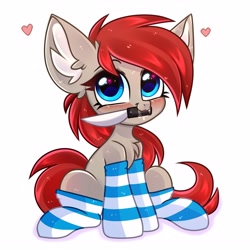 Size: 3000x3000 | Tagged: safe, artist:pesty_skillengton, oc, oc only, oc:ponepony, earth pony, pony, blushing, chest fluff, chibi, clothes, drool, heart, heart eyes, high res, knife, mouth hold, simple background, smiling, socks, solo, striped socks, white background, wingding eyes