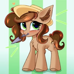 Size: 3000x3000 | Tagged: safe, artist:pesty_skillengton, oc, oc only, oc:nutty special, earth pony, pony, blushing, chest fluff, chibi, hat, heart, heart eyes, high res, mouth hold, smiling, solo, spade, wingding eyes