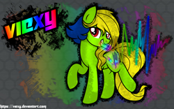 Size: 900x563 | Tagged: safe, artist:amgiwolf, oc, oc only, oc:viexy ams, earth pony, pony, abstract background, earth pony oc, female, mare, mouth hold, raised hoof, solo