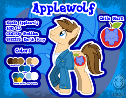 Size: 1900x1475 | Tagged: safe, artist:amgiwolf, oc, oc only, oc:applewolf, earth pony, pony, wolf, apple, clothes, earth pony oc, food, looking up, male, reference sheet, solo, stallion