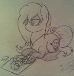 Size: 1178x1200 | Tagged: safe, artist:amgiwolf, oc, oc only, oc:amgi, earth pony, pony, clothes, drawing, earth pony oc, eyelashes, grayscale, hoof fluff, jewelry, lying down, monochrome, necklace, pencil, prone, smiling, solo, tail wrap, traditional art