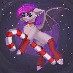 Size: 2000x2000 | Tagged: safe, artist:villjulie, oc, oc only, bat pony, pony, bell, bell collar, candy, candy cane, chest fluff, collar, food, high res, leg warmers, looking at you, snow, solo, spread wings, wings