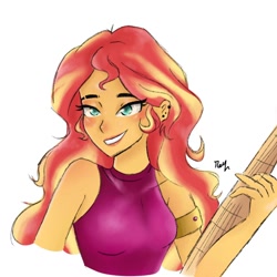 Size: 1080x1080 | Tagged: safe, artist:rapunzelights, sunset shimmer, equestria girls, g4, bust, clothes, ear piercing, female, grin, guitar, musical instrument, piercing, scene interpretation, signature, simple background, sleeveless, smiling, solo, white background