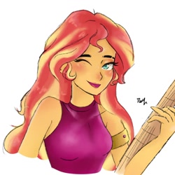 Size: 1080x1080 | Tagged: safe, artist:rapunzelights, sunset shimmer, equestria girls, g4, bust, clothes, female, guitar, musical instrument, one eye closed, piercing, scene interpretation, signature, simple background, sleeveless, smiling, solo, white background, wink