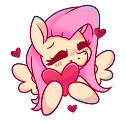 Size: 1980x1905 | Tagged: safe, artist:wavecipher, fluttershy, pegasus, pony, g4, blushing, bust, chromatic aberration, cute, eyes closed, female, heart, hug, mare, shyabetes, simple background, smiling, solo, spread wings, white background, wings, ych example, your character here