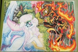 Size: 1024x687 | Tagged: safe, artist:maryhoovesfield, oc, oc only, original species, duo, fire, horns, looking at each other, outdoors, traditional art, waterfall