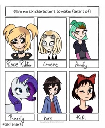 Size: 735x900 | Tagged: safe, artist:_tamanko_, rarity, human, humanoid, pony, unicorn, g4, abomination track, amity blight, big hero 6, bow, bust, clothes, crossover, dyed hair, female, grin, hair bow, hiro hamada, kiki, kiki's delivery service, lenore the cute little dead girl, mare, one eye closed, roxie richter, school uniform, scott pilgrim, six fanarts, smiling, studio ghibli, the owl house, wink, witch