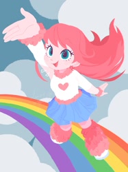 Size: 1535x2048 | Tagged: safe, artist:vanillavache, oc, oc only, oc:fluffle puff, pink fluffy unicorns dancing on rainbows, equestria girls, g4, blushing, cloud, cute, ear piercing, earring, equestria girls-ified, flufflebetes, jewelry, ocbetes, open mouth, piercing, sky, solo