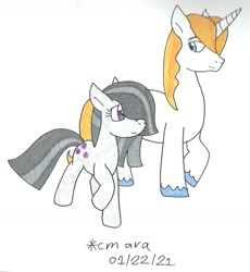 Size: 1323x1435 | Tagged: safe, artist:cmara, marble pie, prince blueblood, earth pony, pony, unicorn, g4, crack shipping, female, hair over one eye, looking at each other, male, marbleblood, mare, raised hoof, raised leg, shipping, simple background, stallion, straight, traditional art, unshorn fetlocks, white background