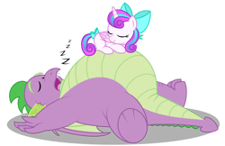 Size: 1280x828 | Tagged: safe, artist:aleximusprime, princess flurry heart, spike, alicorn, dragon, pony, flurry heart's story, g4, adult, adult spike, belly, belly bed, big belly, bow, comfy, cuddling, cute, duo, eyes closed, fat, fat spike, female, filly, filly flurry heart, floating eyebrows, impossibly large belly, male, male and female, older, older flurry heart, older spike, onomatopoeia, open mouth, resting, simple background, sleeping, sleeping on a belly, snoozing on floor, snuggling, sound effects, tail bow, transparent background, vector, winged spike, wings, zzz