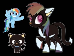 Size: 750x572 | Tagged: safe, rainbow dash, oc, oc only, oc:cherry, cat, cat pony, earth pony, hybrid, original species, pony, g4, adopted offspring, black background, boop, cat ears, cat tail, dark raimbow mane, pink eyes, raimbow hoves, simple background, solo