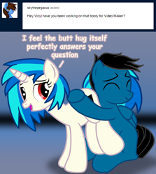 Size: 7200x8070 | Tagged: safe, artist:agkandphotomaker2000, dj pon-3, vinyl scratch, oc, oc:pony video maker, pegasus, pony, unicorn, tumblr:pony video maker's blog, g4, ask, butthug, canon x oc, dialogue, female, hug, looking at you, male, red-eye vinyl, shipping, show accurate, simple background, straight, tumblr, videoscratch