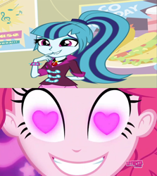 Size: 852x955 | Tagged: safe, edit, edited screencap, screencap, pinkie pie, sonata dusk, coinky-dink world, equestria girls, g4, my little pony equestria girls: rainbow rocks, my little pony equestria girls: summertime shorts, female, heart eyes, lesbian, meme, pinkie's eyes, ship:pinata, shipping, shipping domino, wingding eyes, wrong aspect ratio