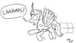 Size: 1200x675 | Tagged: safe, artist:pony-berserker, moth, mothpony, original species, pony, pony-berserker's twitter sketches, dialogue, lämp, monochrome, sketch, solo