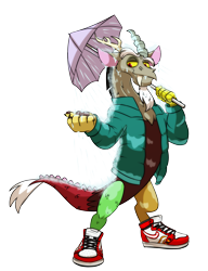 Size: 3881x5065 | Tagged: safe, artist:chub-wub, discord, draconequus, g4, beard, clothes, commission, dripcord, facial hair, jacket, male, nike, nike (brand), rain, shoes, simple background, sneakers, solo, transparent background, umbrella, wet