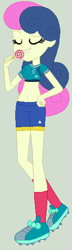Size: 160x556 | Tagged: safe, artist:jadeharmony, artist:selenaede, bon bon, sweetie drops, equestria girls, g4, base used, belly button, candy, cleats, clothes, compression shorts, exeron fighters, exeron outfit, eyes closed, food, gray background, grin, lollipop, martial arts kids, martial arts kids outfit, martial arts kids outfits, midriff, shirt, shoes, short shirt, shorts, simple background, smiling, sneakers, socks, solo, sports, sports bra, sports outfit, sports shorts, sporty style, t-shirt