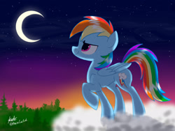 Size: 1920x1440 | Tagged: safe, artist:praisecastiel, rainbow dash, pegasus, pony, g4, cloud, moon, night, solo, stars