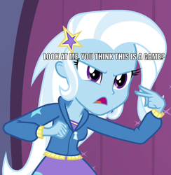 Size: 696x714 | Tagged: safe, edit, edited screencap, screencap, trixie, equestria girls, g4, my little pony equestria girls: rainbow rocks, caption, cropped, female, image macro, my eyes are up here, solo, text