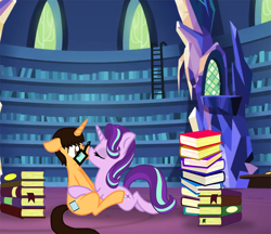 Size: 1000x864 | Tagged: safe, artist:brandonthebronypony, starlight glimmer, oc, oc:brandon, pony, unicorn, g4, book, canon x oc, glasses, kissing, ladder, library, pathetic, twilight's castle, twilight's castle library