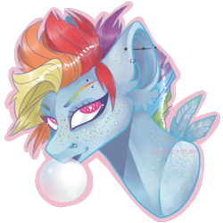 Size: 2065x2063 | Tagged: safe, artist:closed-door-house, rainbow dash, pegasus, pony, g4, bubble, bubblegum, bust, ear piercing, feather, female, food, freckles, gum, high res, piercing, simple background, smiling, solo, transparent background