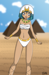 Size: 1437x2187 | Tagged: safe, alternate version, artist:banquo0, somnambula, human, g4, belly button, bikini, breasts, clothes, egyptian, female, headress, humanized, jewelry, midriff, necklace, open mouth, partially undressed, solo, swimsuit