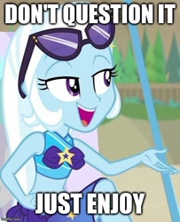 Size: 550x677 | Tagged: safe, edit, edited screencap, screencap, trixie, equestria girls, equestria girls specials, g4, my little pony equestria girls: better together, my little pony equestria girls: forgotten friendship, caption, clothes, drake & josh, image macro, imgflip, meme, reference, sunglasses, sunglasses on head, swimsuit, text